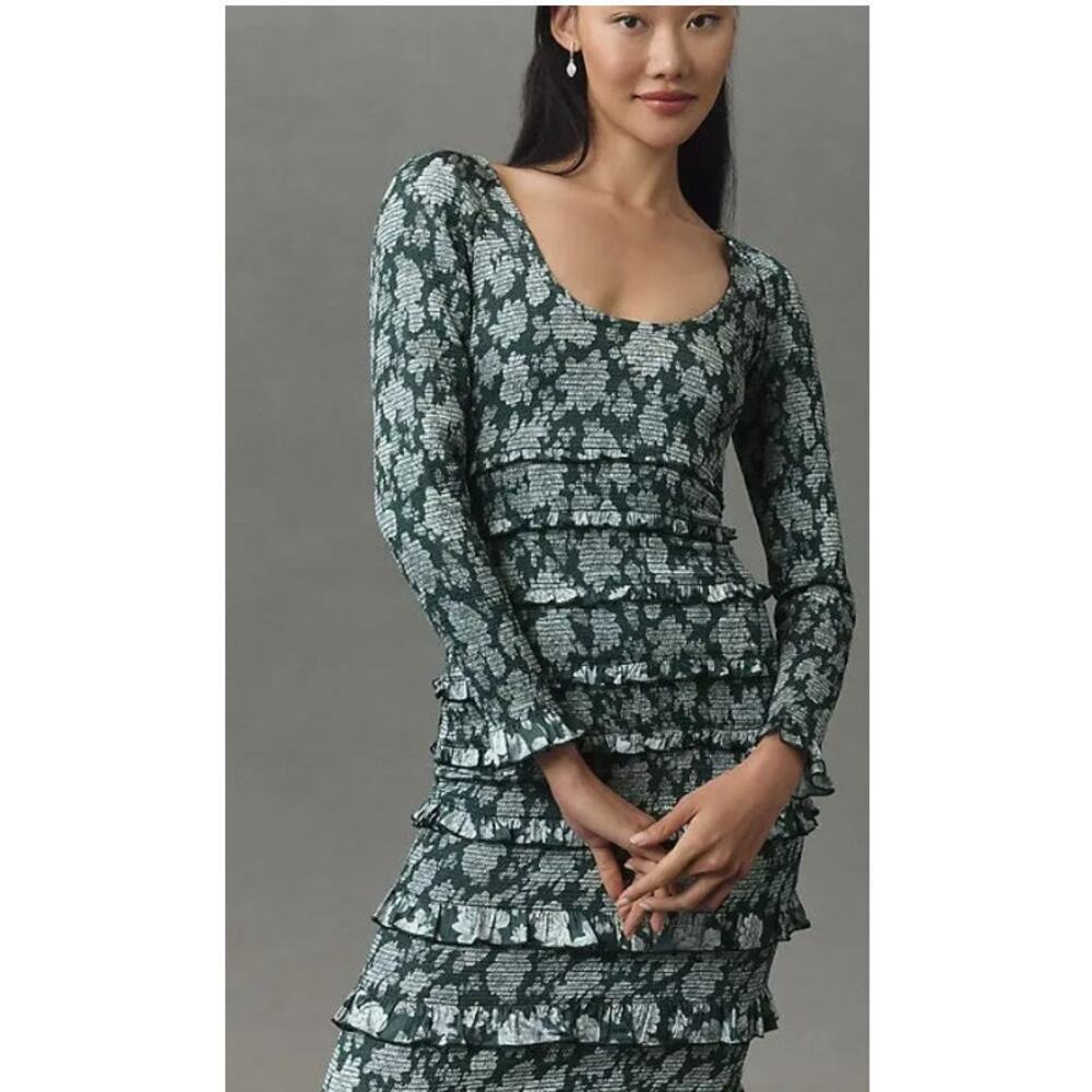 V. Chapman Lanie Long-Sleeve Scoop-Neck Ruched Ruffled Satin Maxi Dress Sz 6 NWT